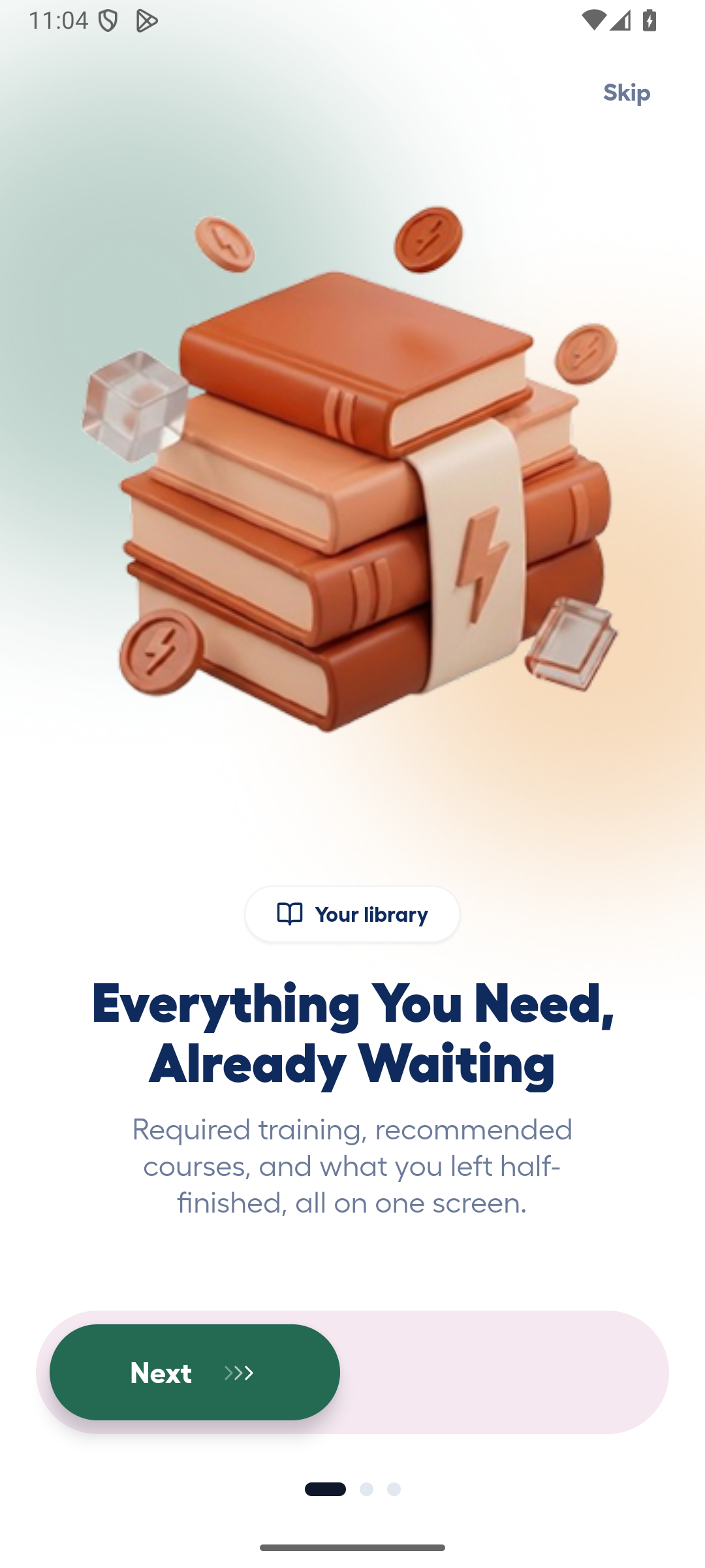 Lenvor Android onboarding screen introducing the learning library