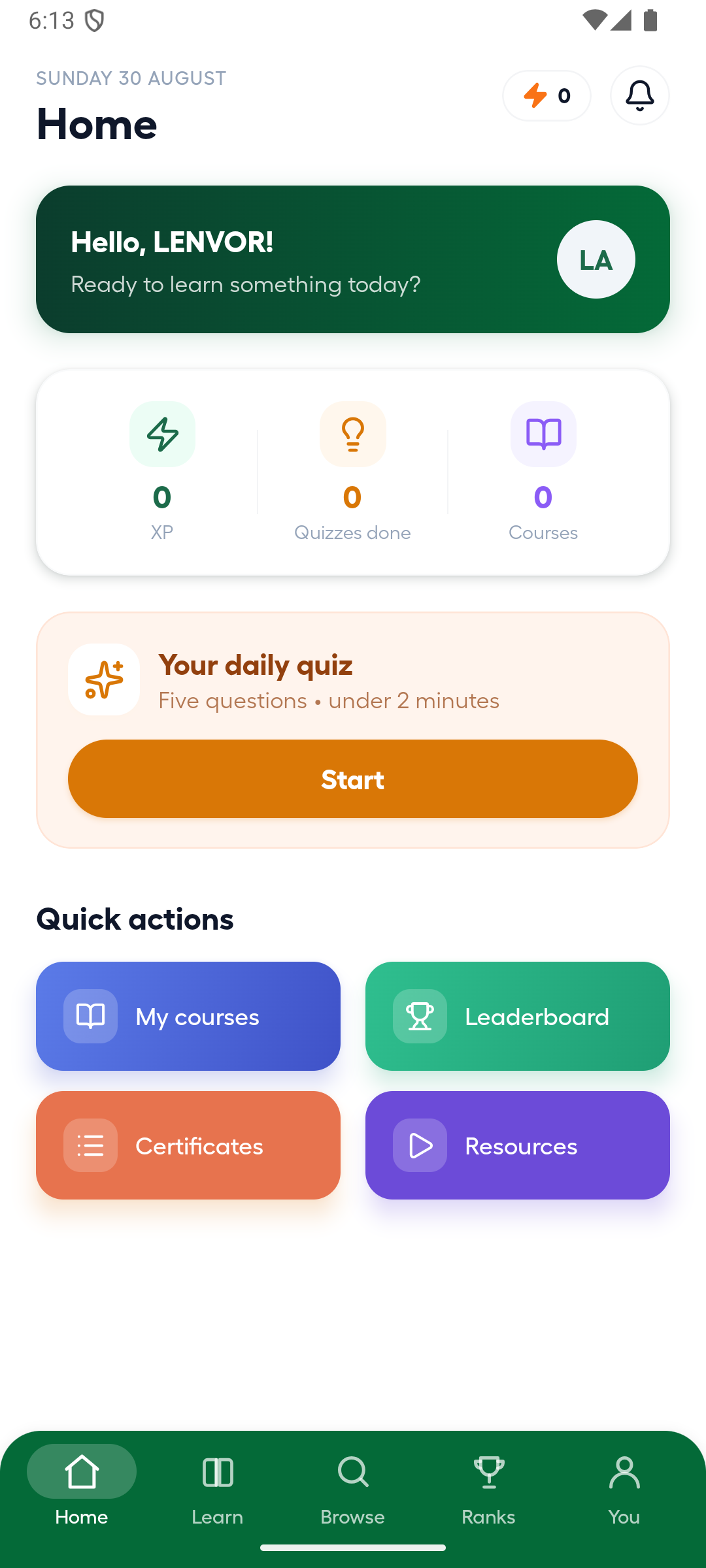 Authenticated Lenvor Android learner home screen