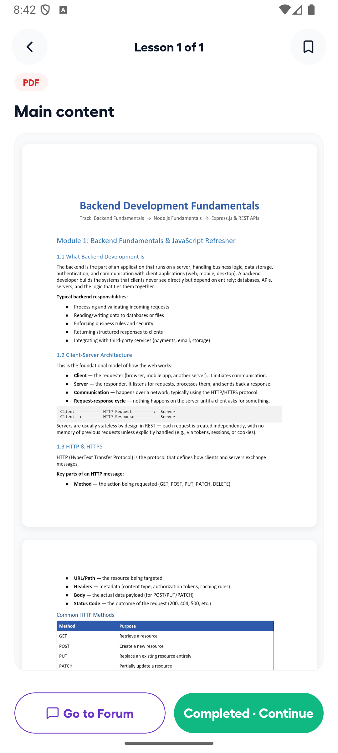 Loaded Android PDF lesson with completion status