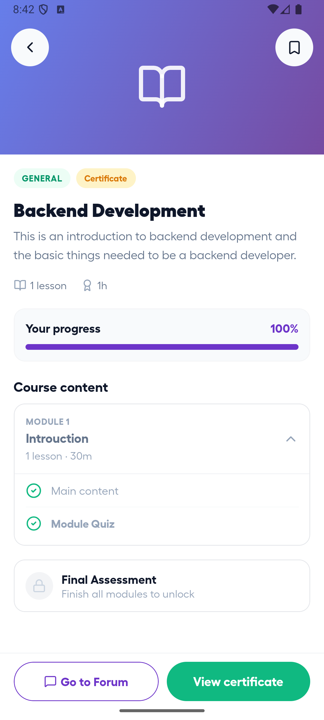 Android course detail showing 100 percent progress and a locked final assessment