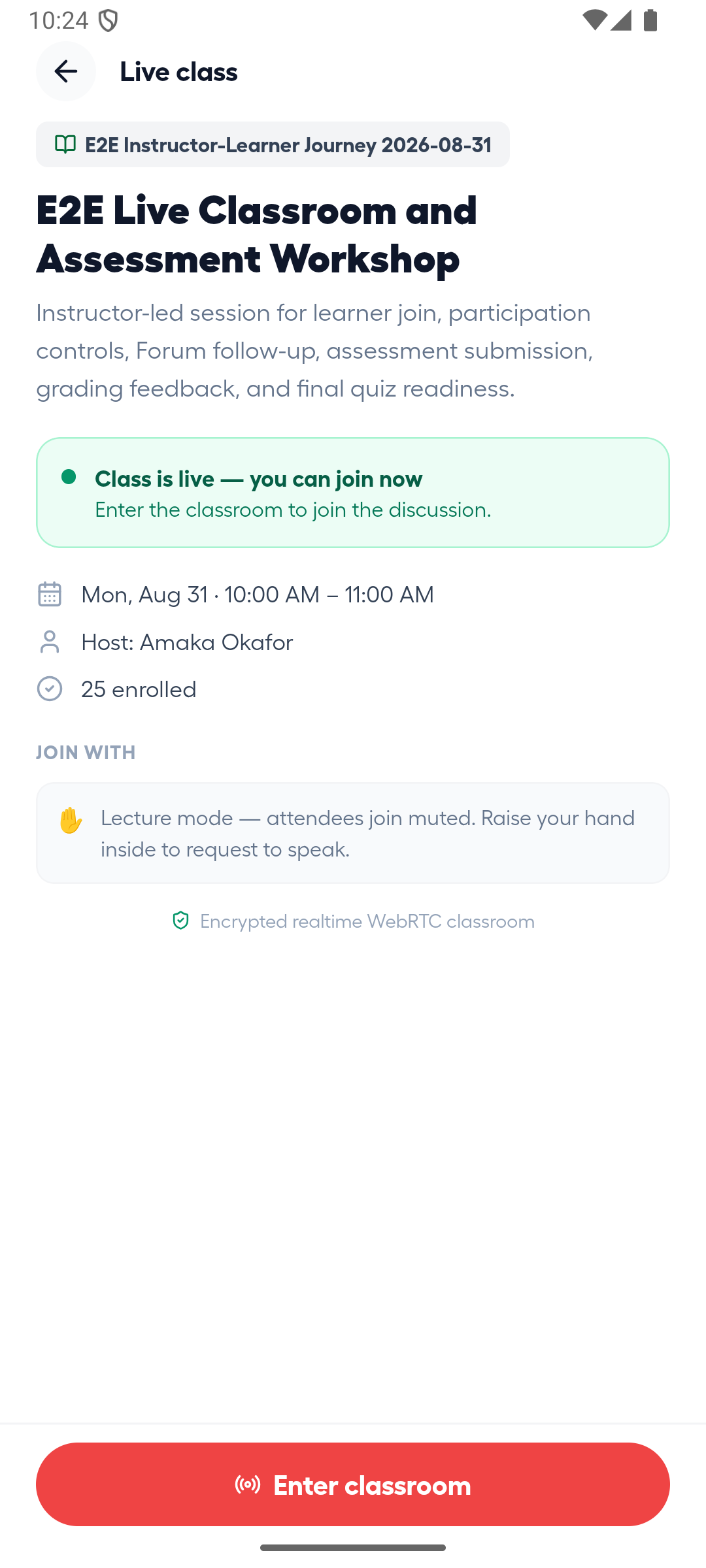 Android live-class detail with the Enter classroom action