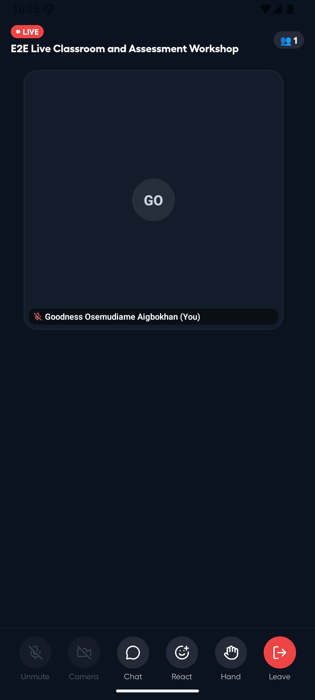 Joined Android live classroom with participation controls