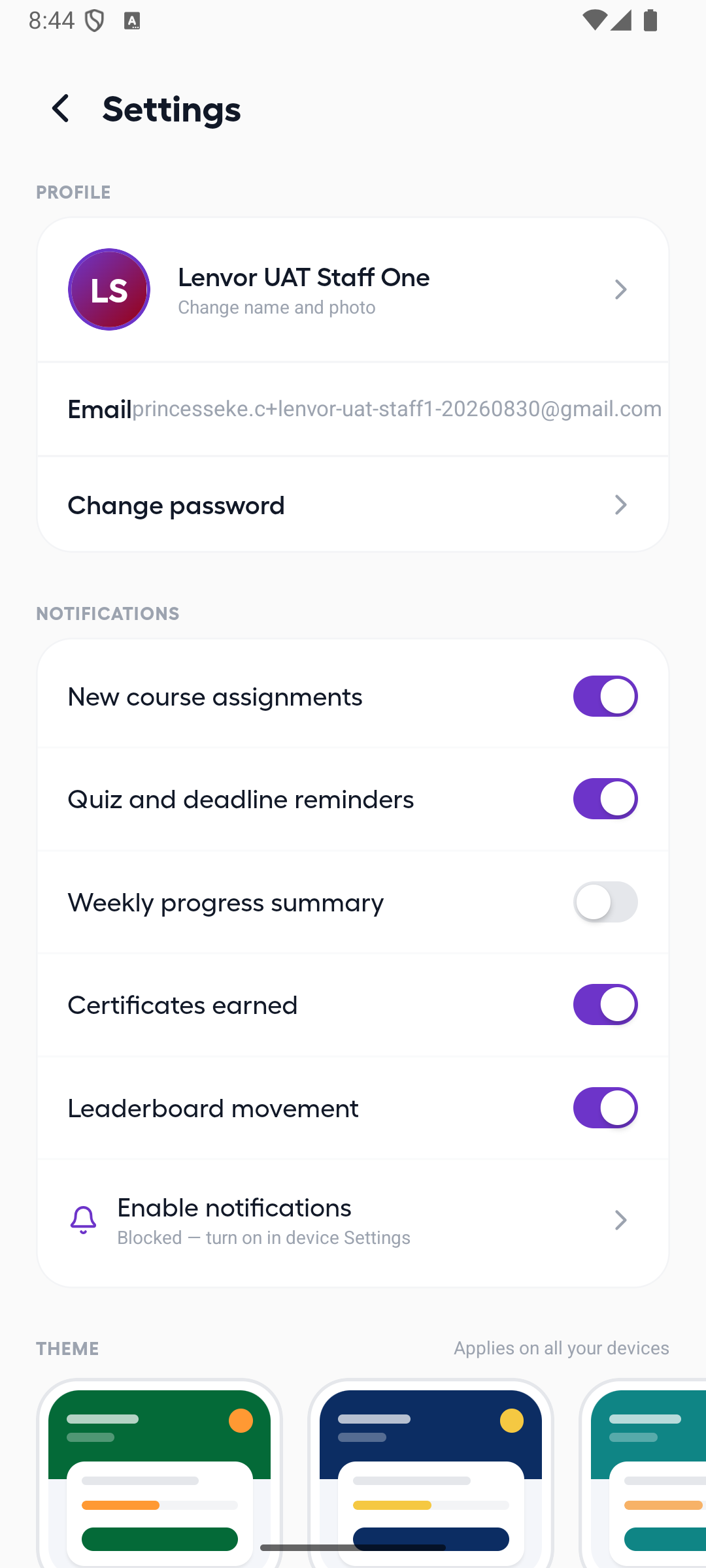 Android Settings with profile and notification controls