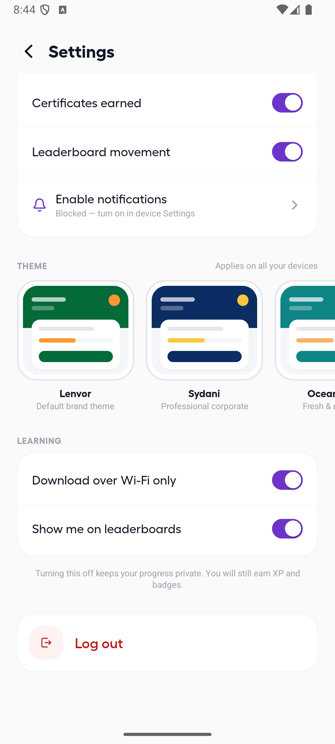 Android Settings with theme, learning, privacy, and log-out controls
