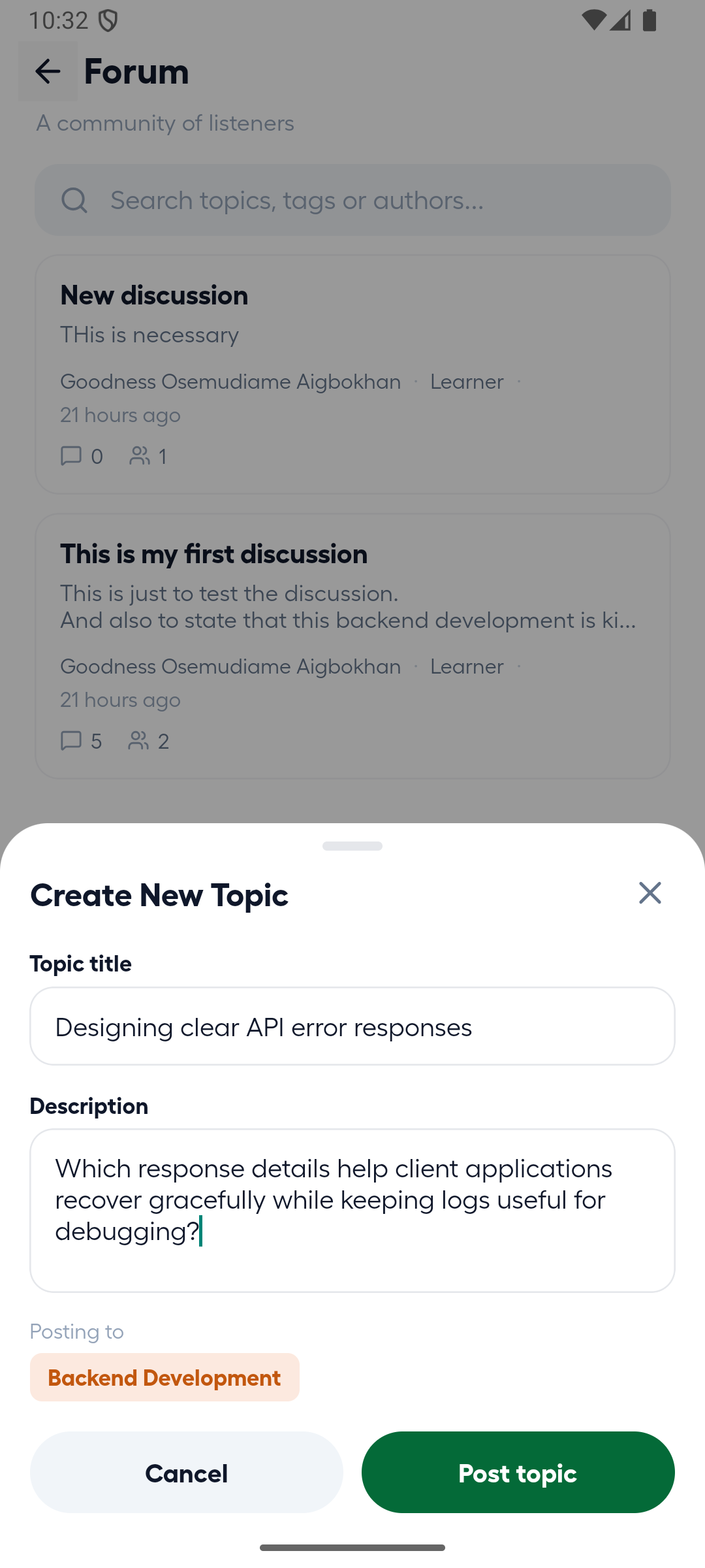 Android Create New Topic form populated with a course discussion
