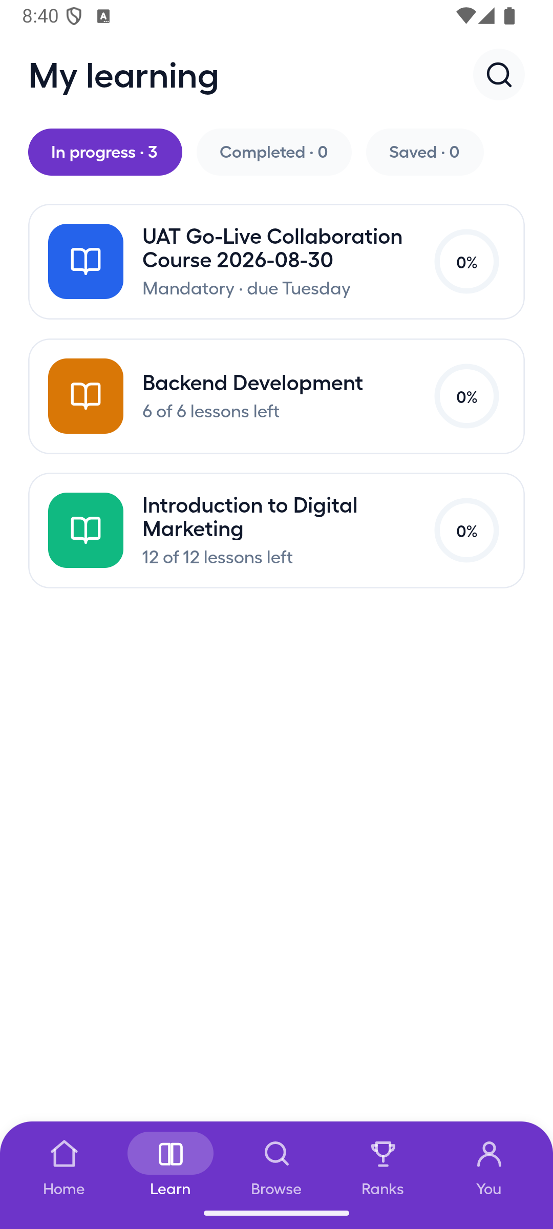 Android My Learning screen with courses in progress