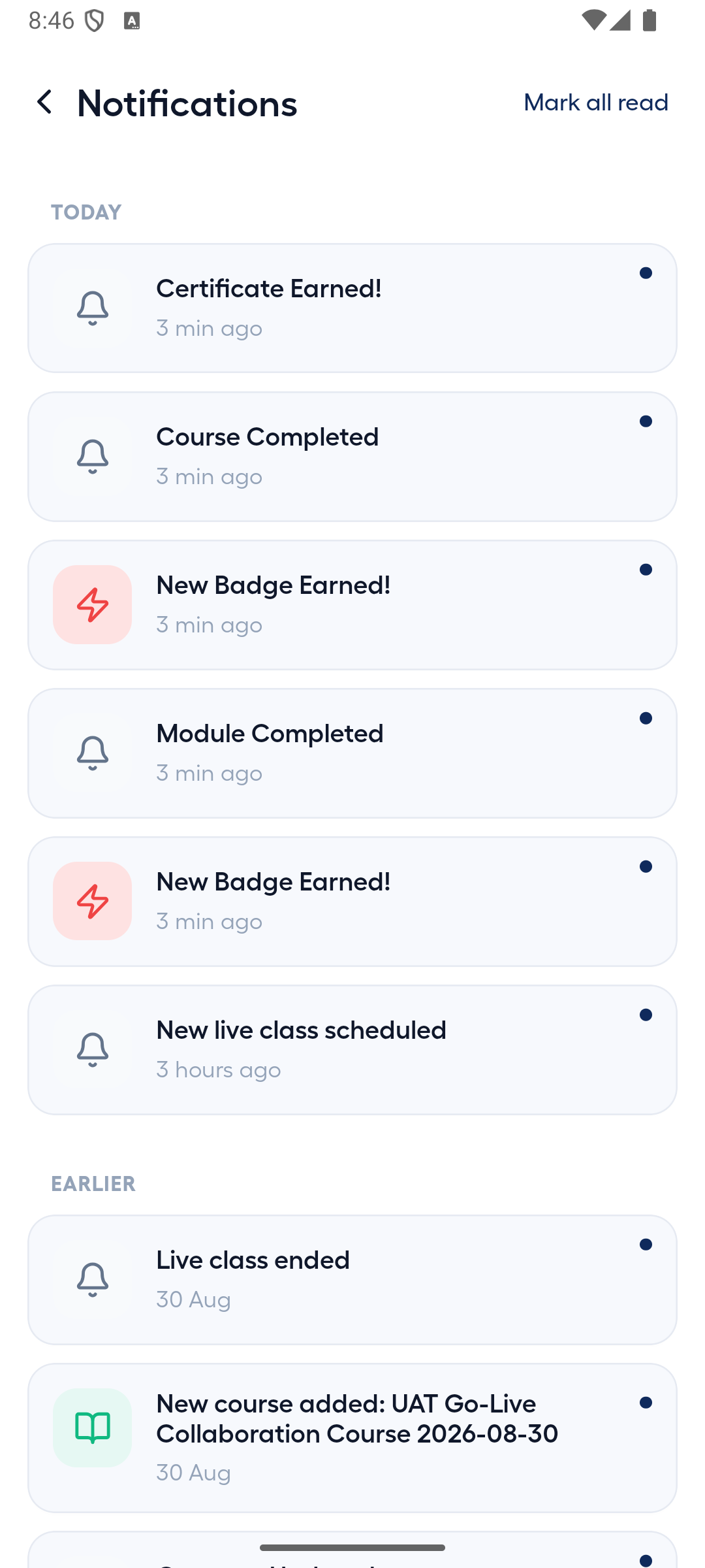 Android notification history after course completion