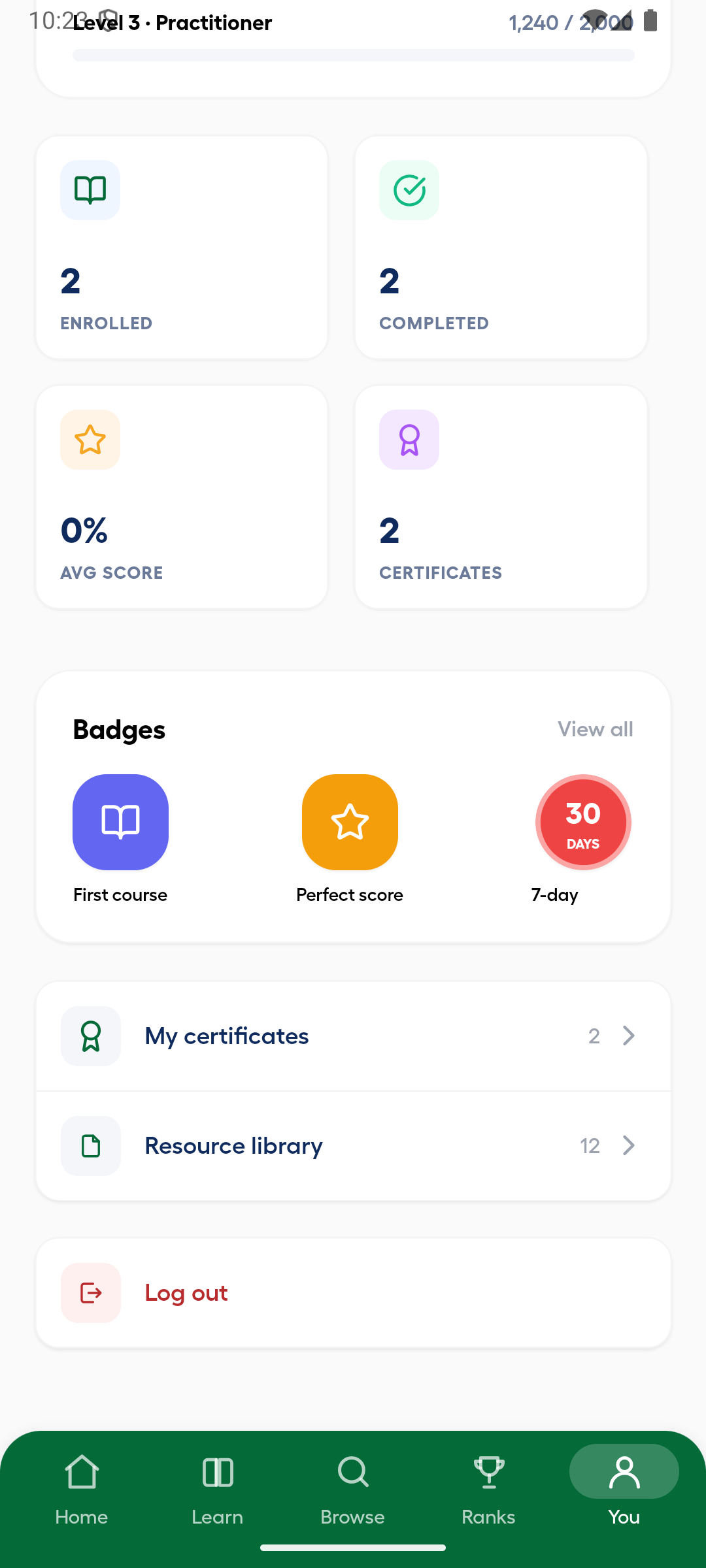Android learner profile with the Resource library row