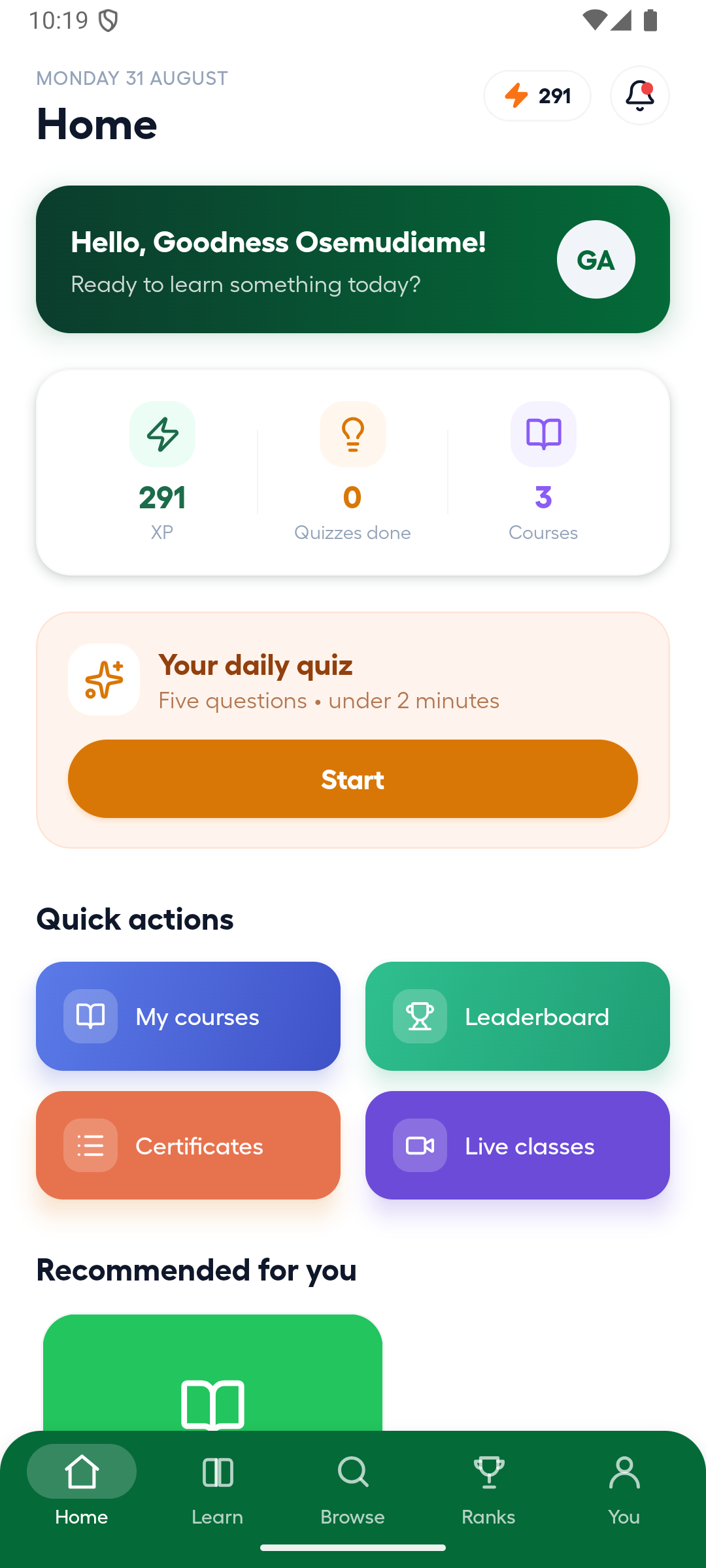 Android Home with the available daily quiz card