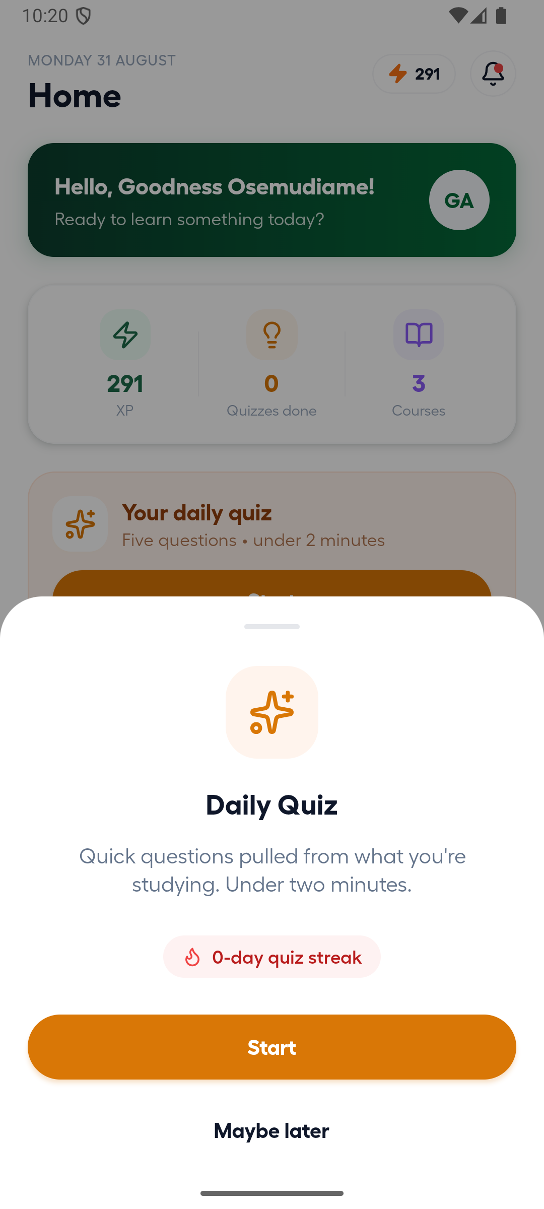 Android Daily Quiz introduction with the Start action