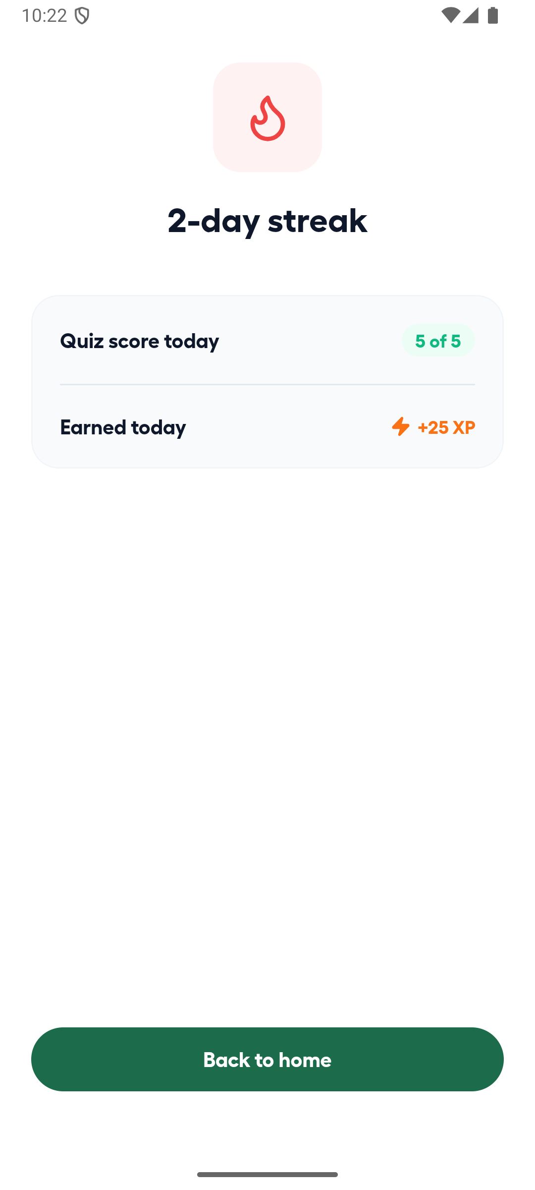 Android daily quiz result with score, XP, and streak