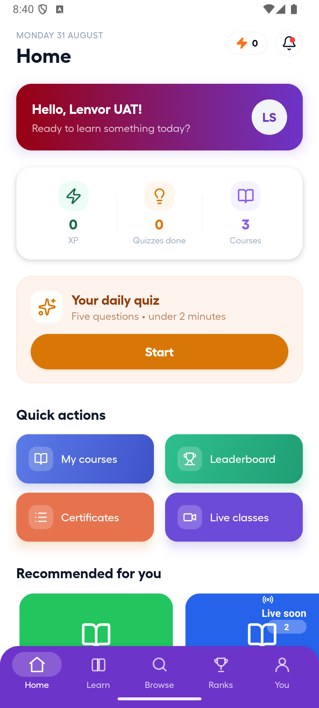 Lenvor Android learner Home screen