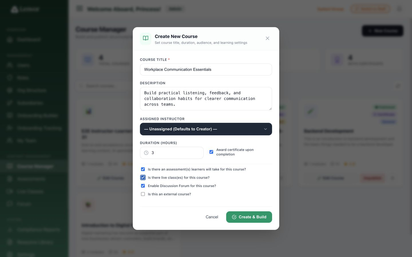 Populated Create New Course form