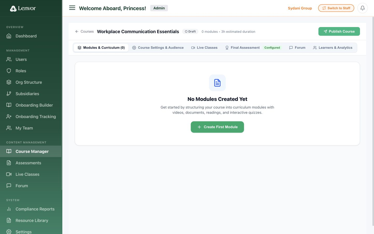 New draft course open in the course builder