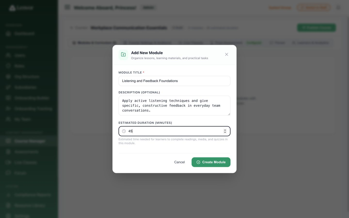 Populated Add New Module form