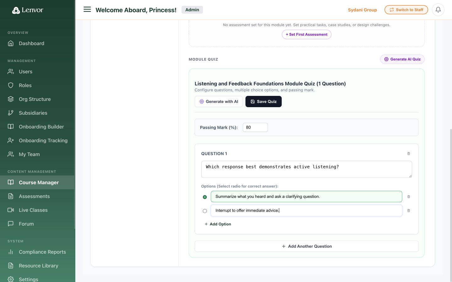 Populated module quiz form