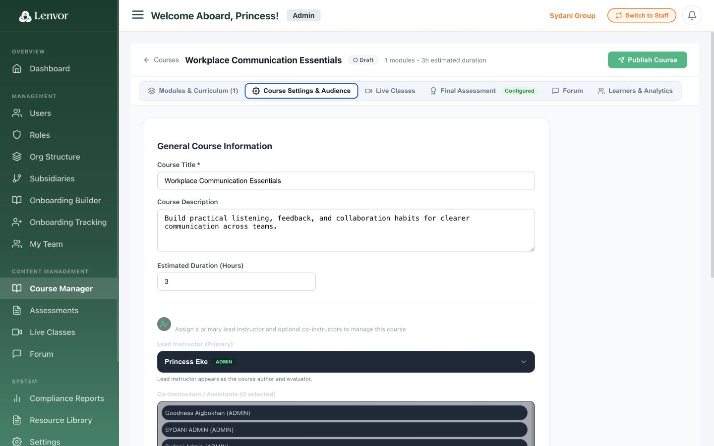 Configured course settings and audience section