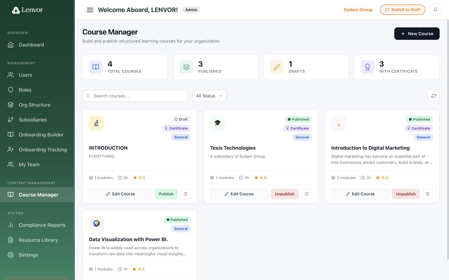 Lenvor course administration list with status information