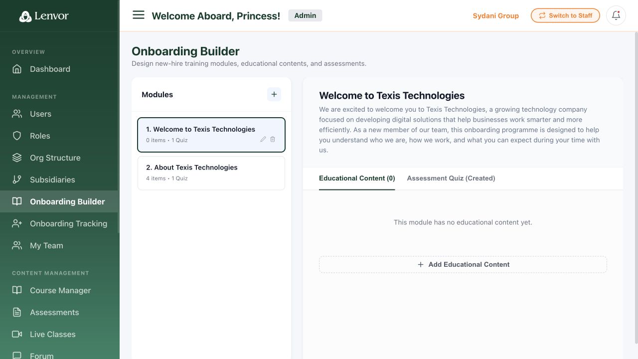 Onboarding Builder with configured content and assessment sections