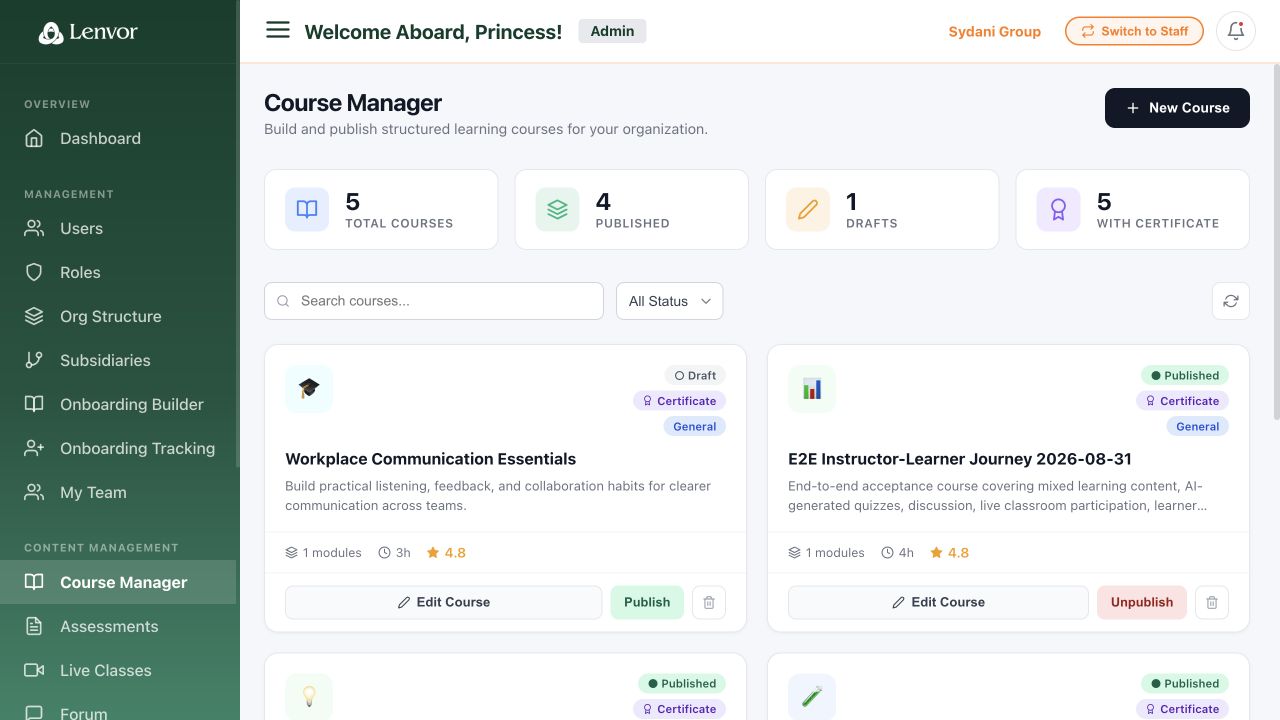 Course Manager showing draft and published course actions