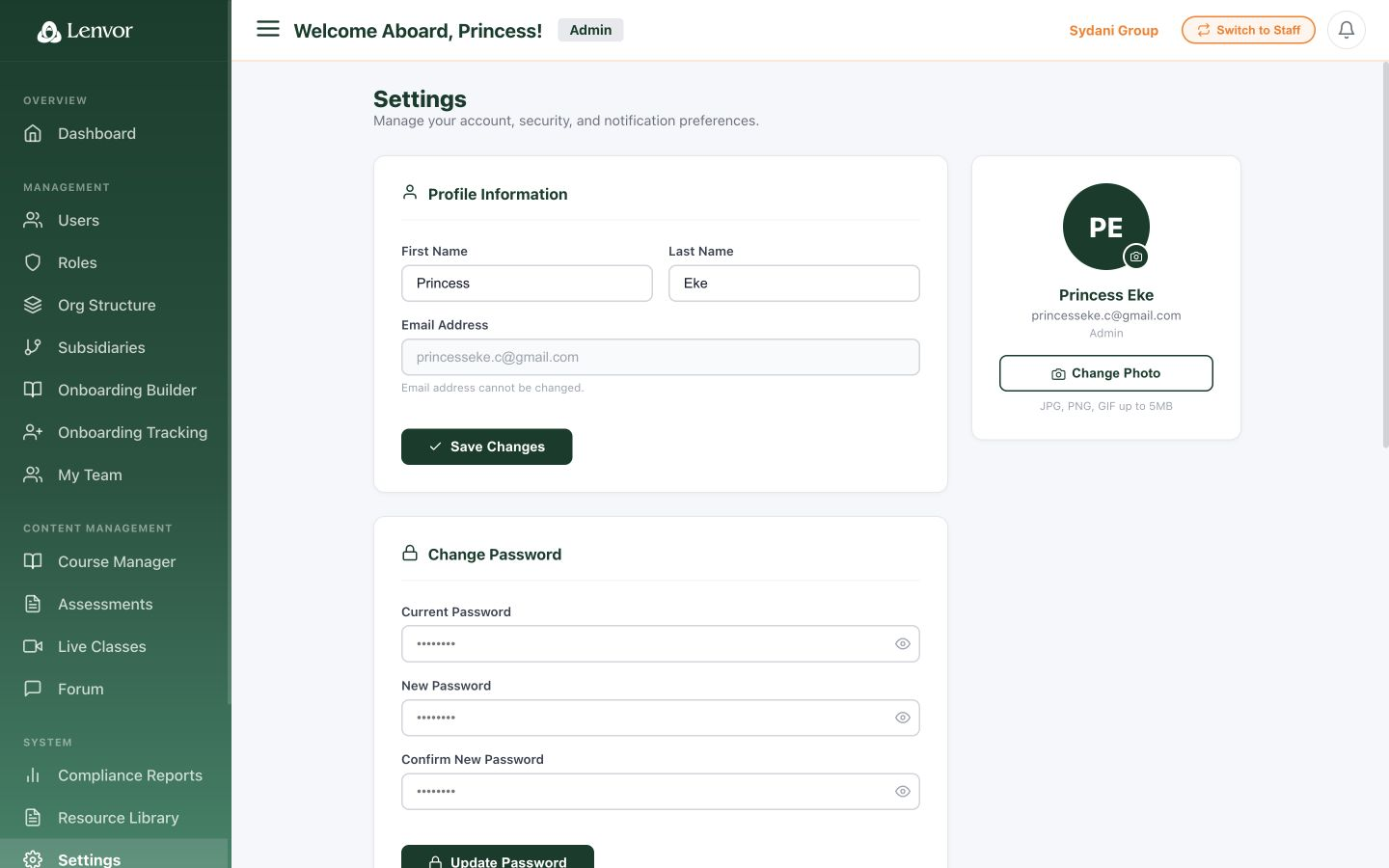 Administrator Settings page