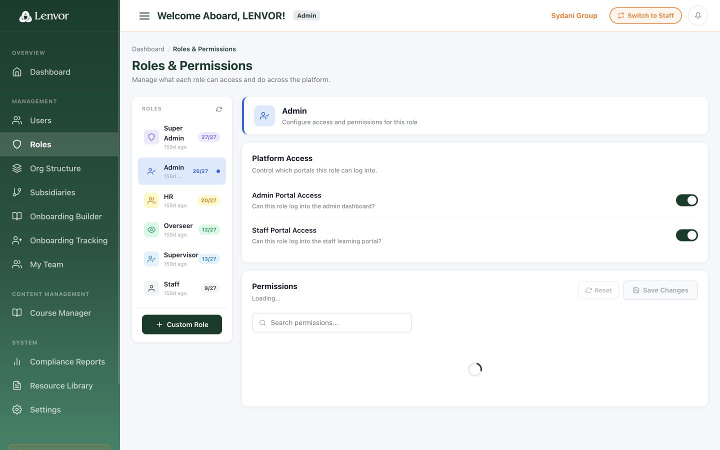 Lenvor roles and permissions administration page