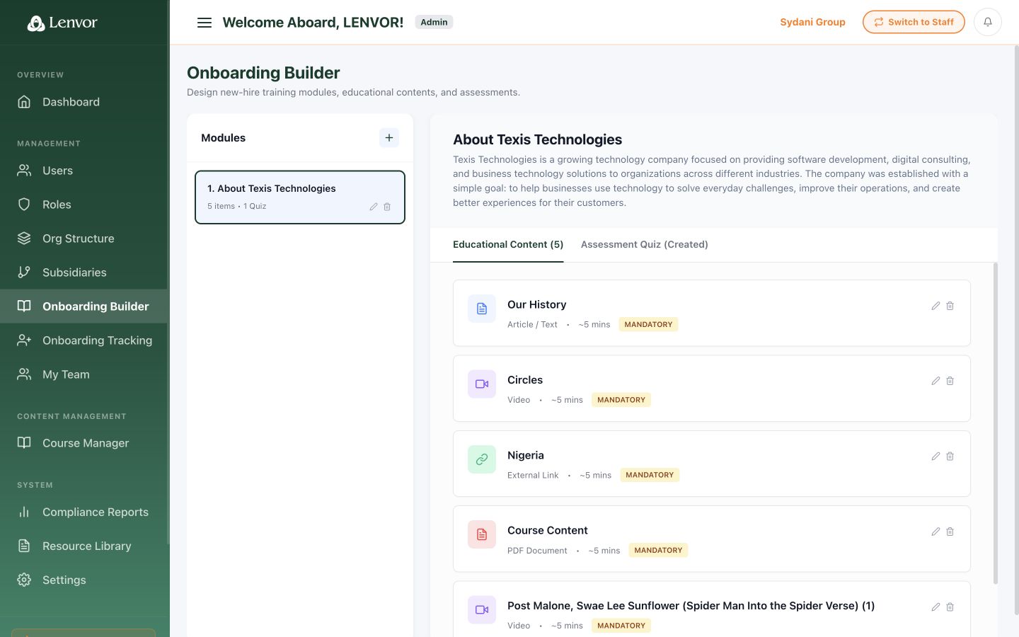 Lenvor Onboarding Programme administration page
