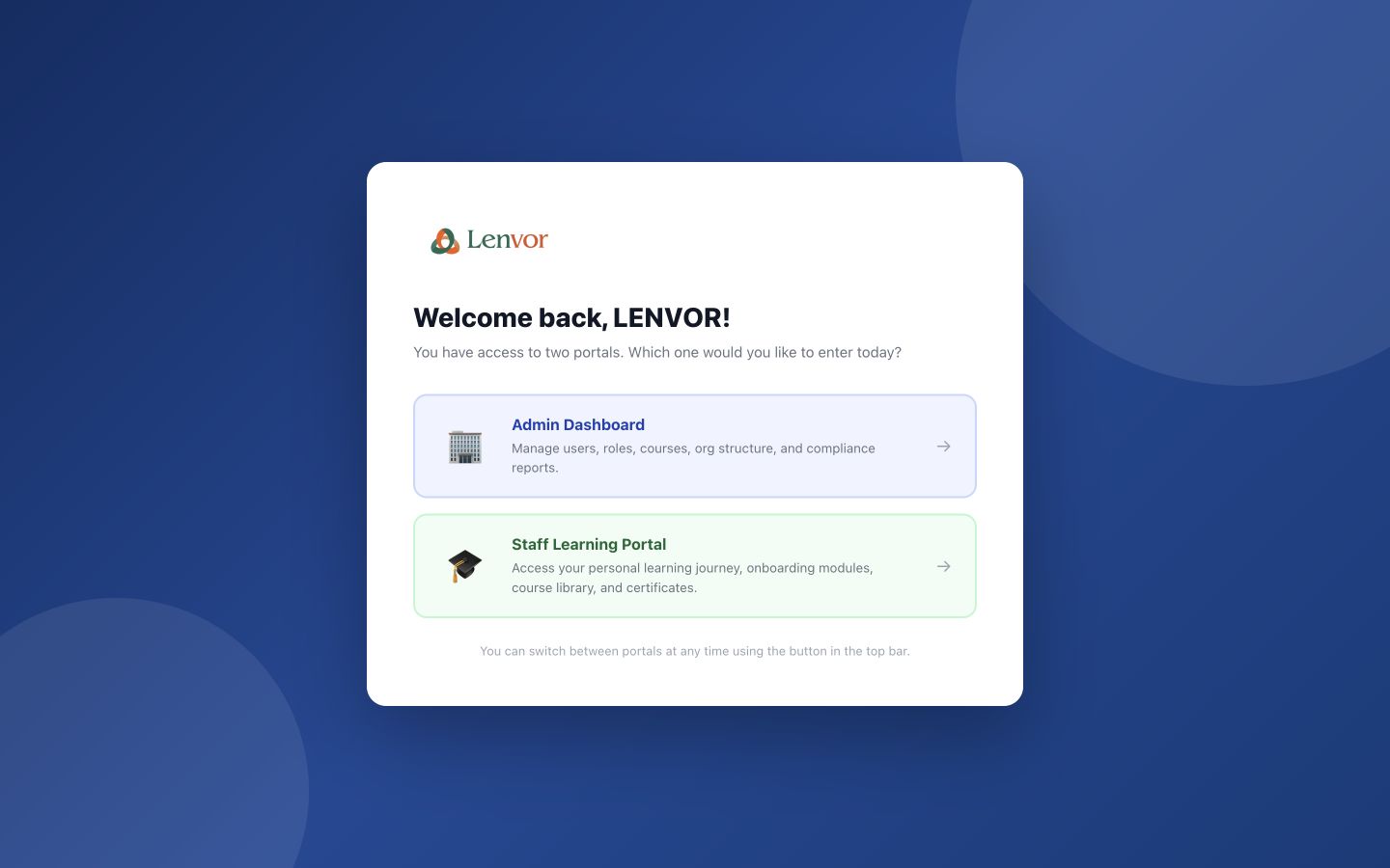 Lenvor portal selector with Admin Dashboard and Staff Learning Portal choices