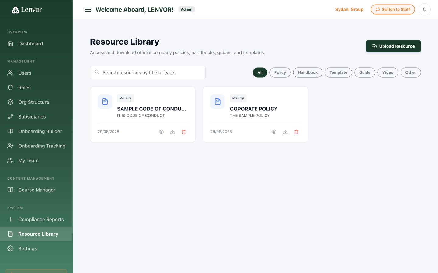 Lenvor administrator Resource Library