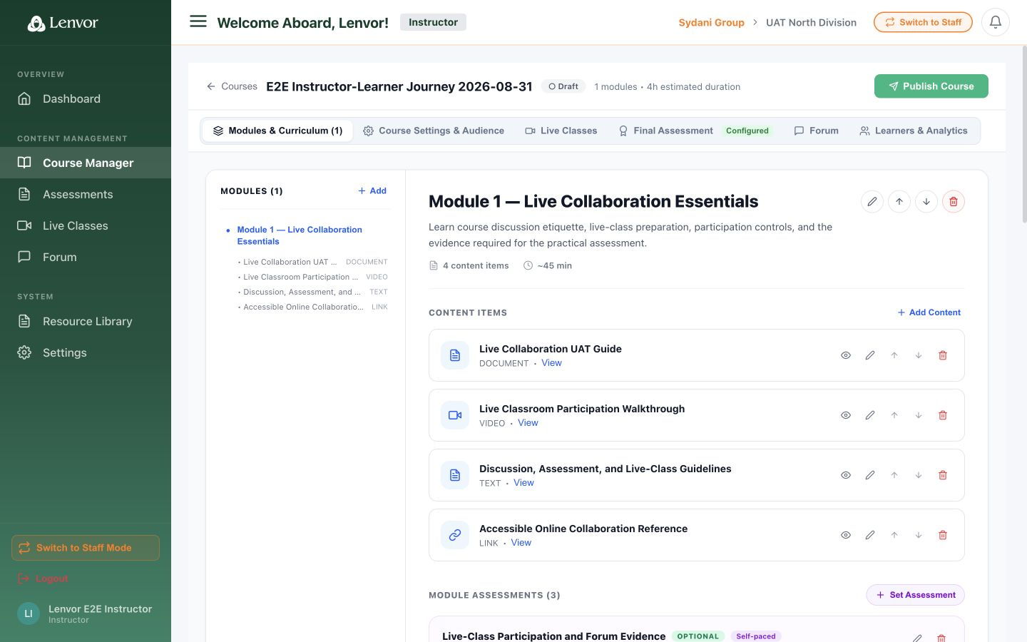 Instructor course builder with module controls