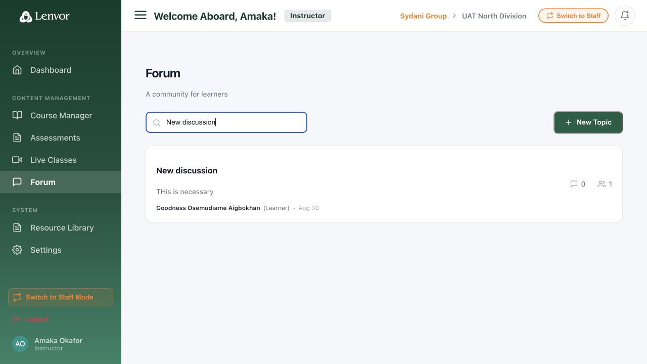 Instructor Forum with search and discussion topics