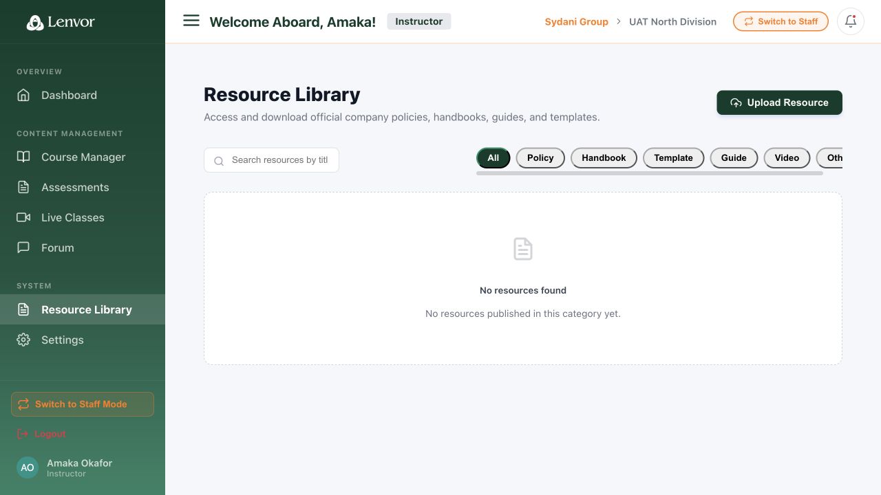Instructor Resource Library with search and categories