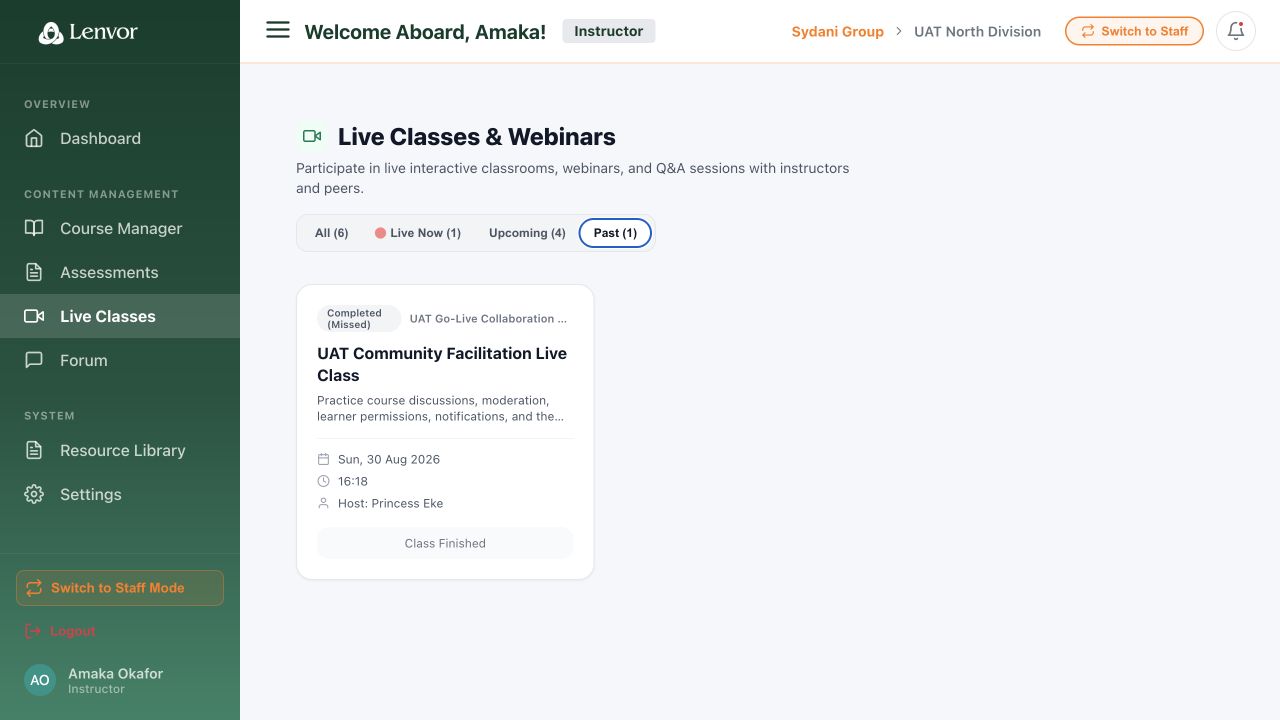 Instructor Live Classes page with status filters