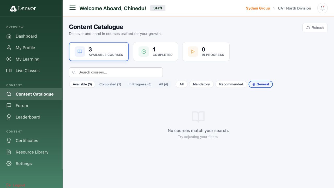 Staff Content Catalogue with state and category filters
