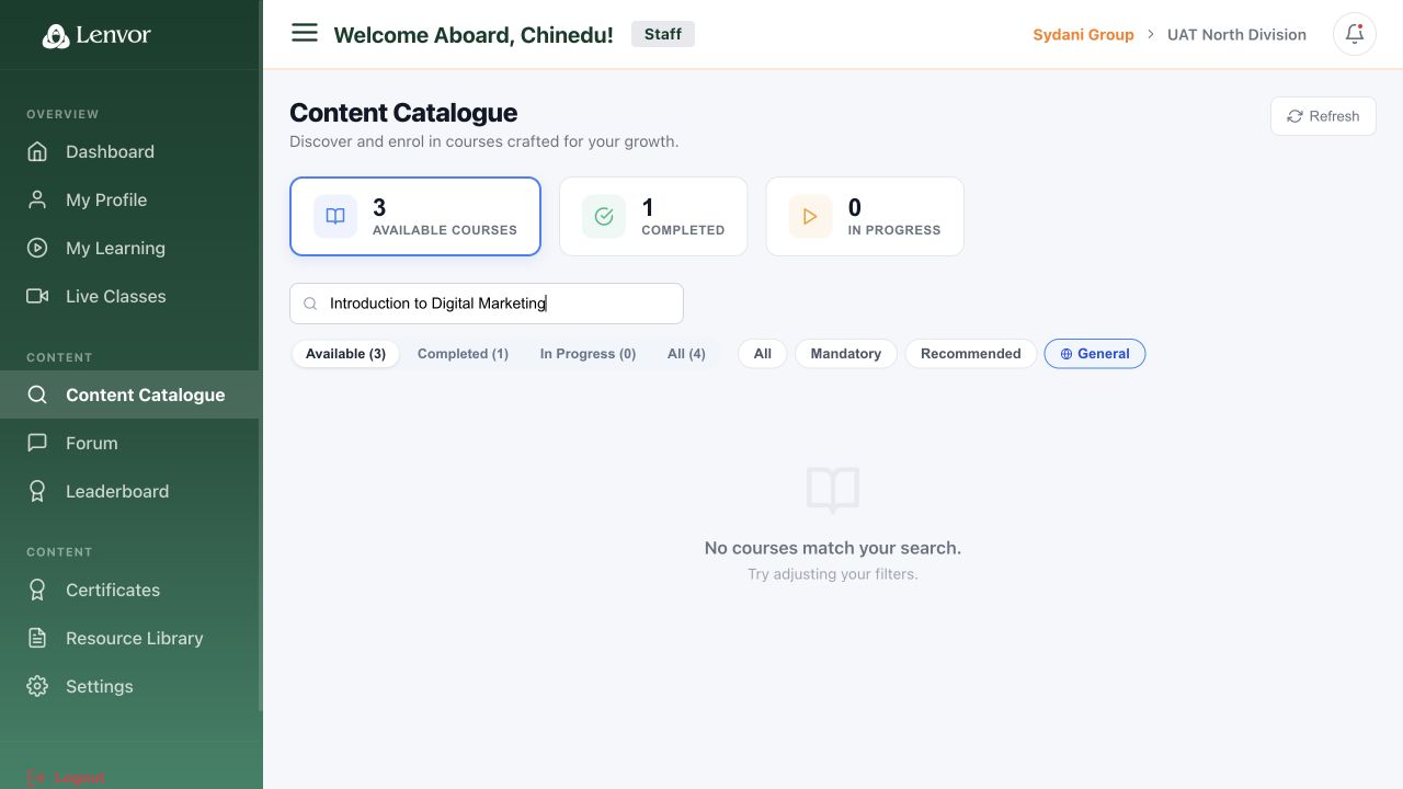 Staff catalogue filtered to Introduction to Digital Marketing
