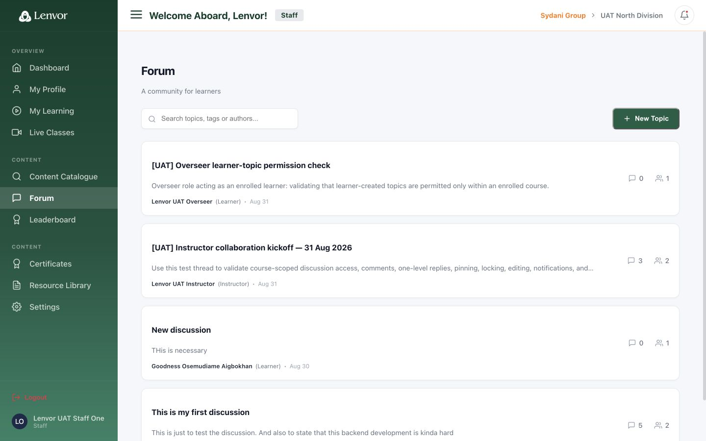 Staff forum topic list