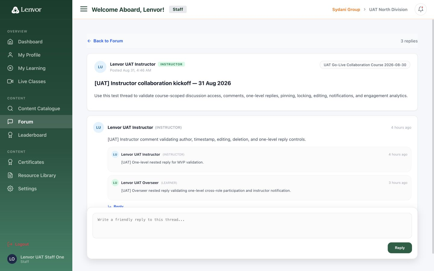 Open staff forum thread with replies and reply composer