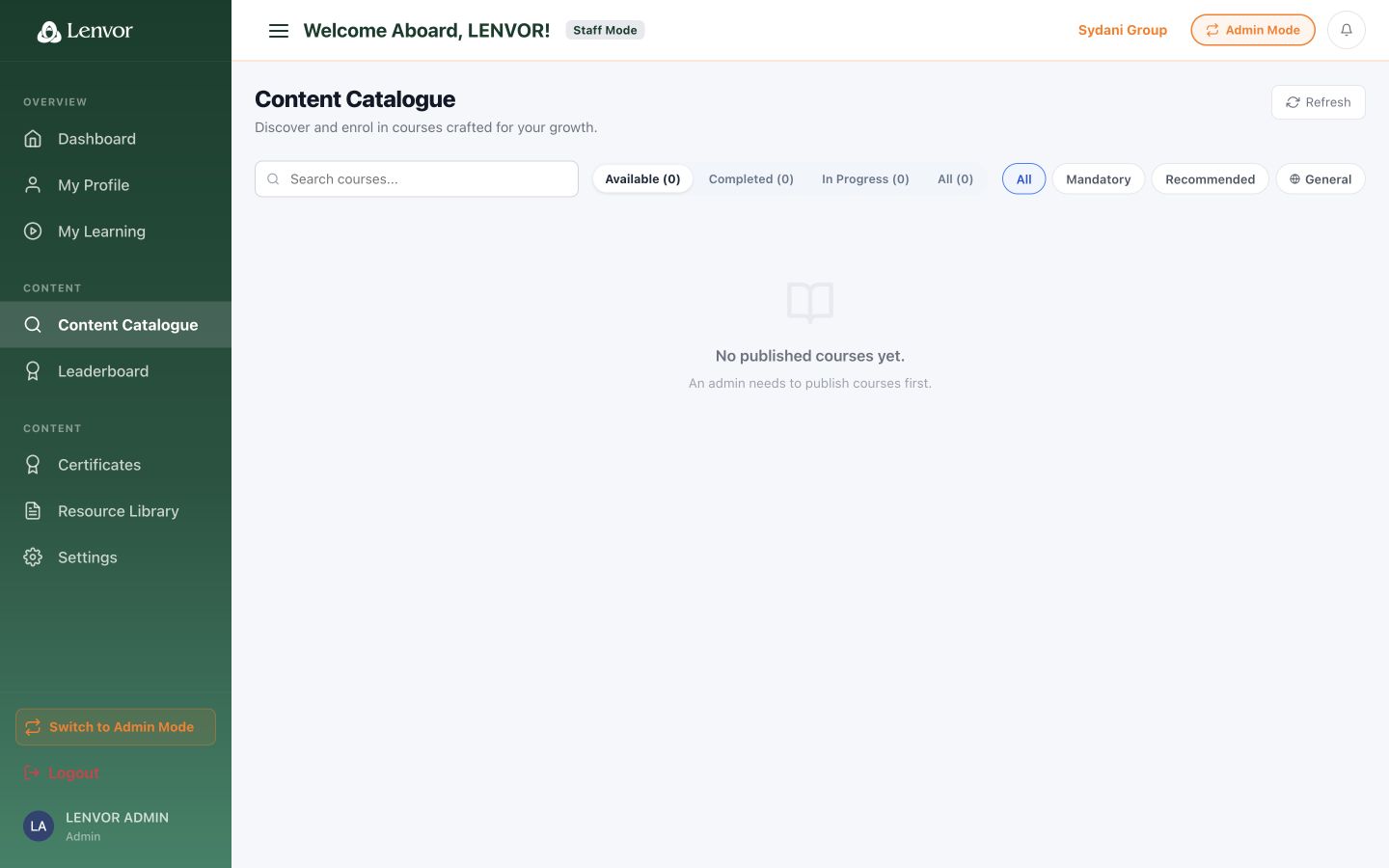 Lenvor Content Catalogue showing an empty state
