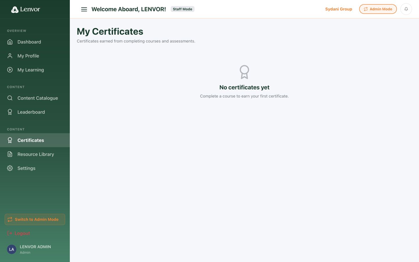 Lenvor Certificates page showing an empty state