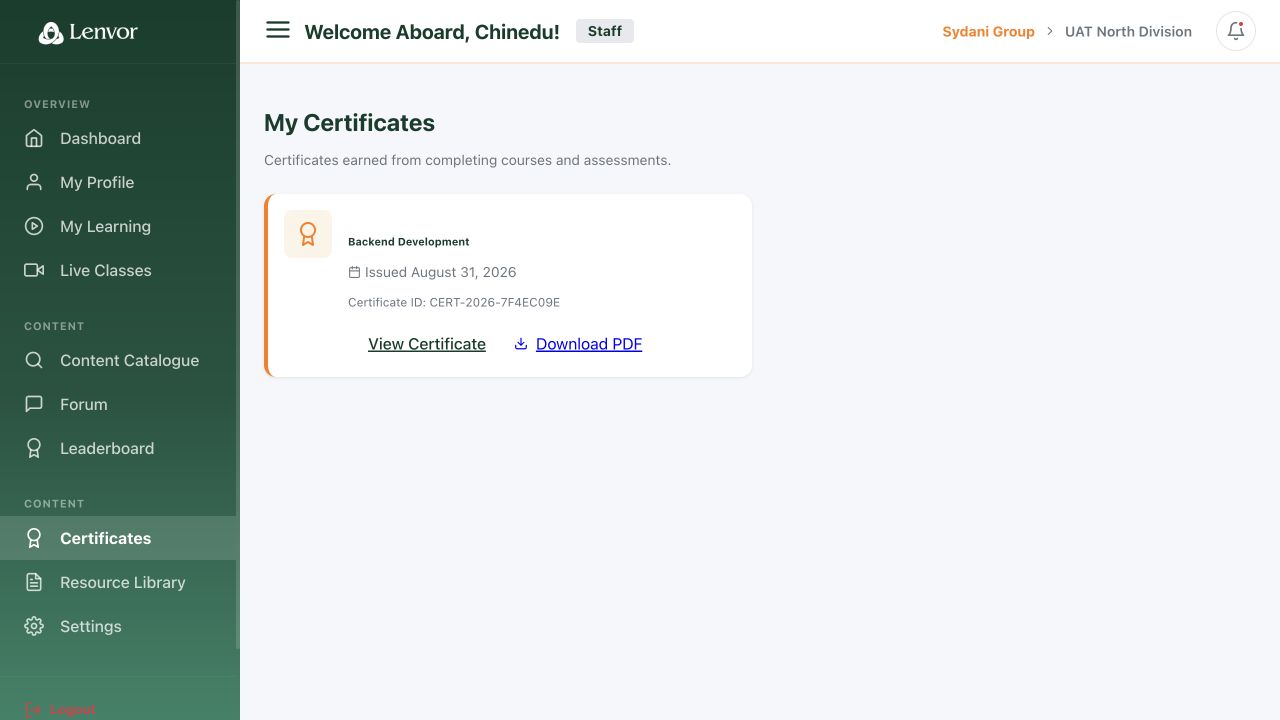 Staff web My Certificates page