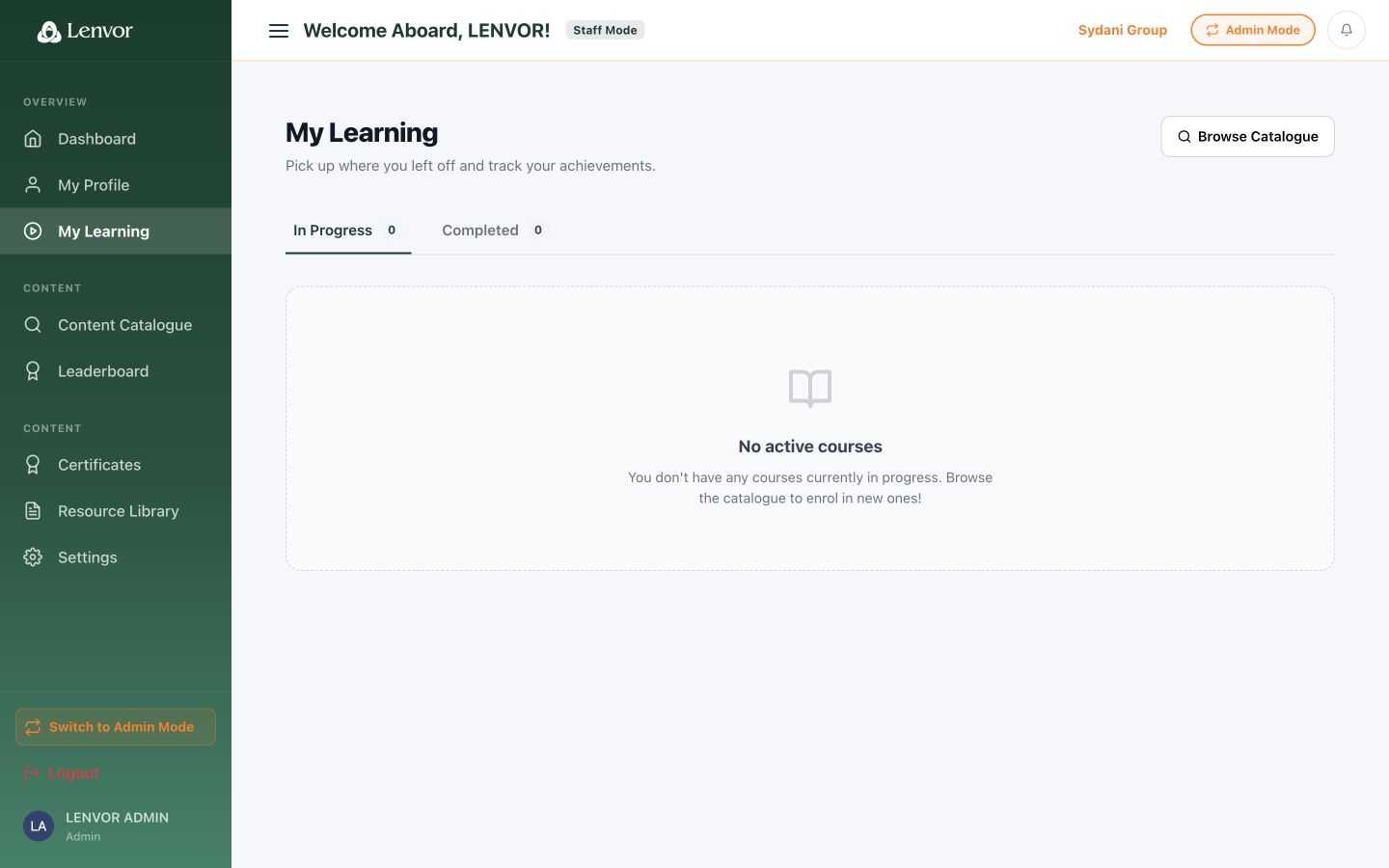 Lenvor My Learning page showing an empty state
