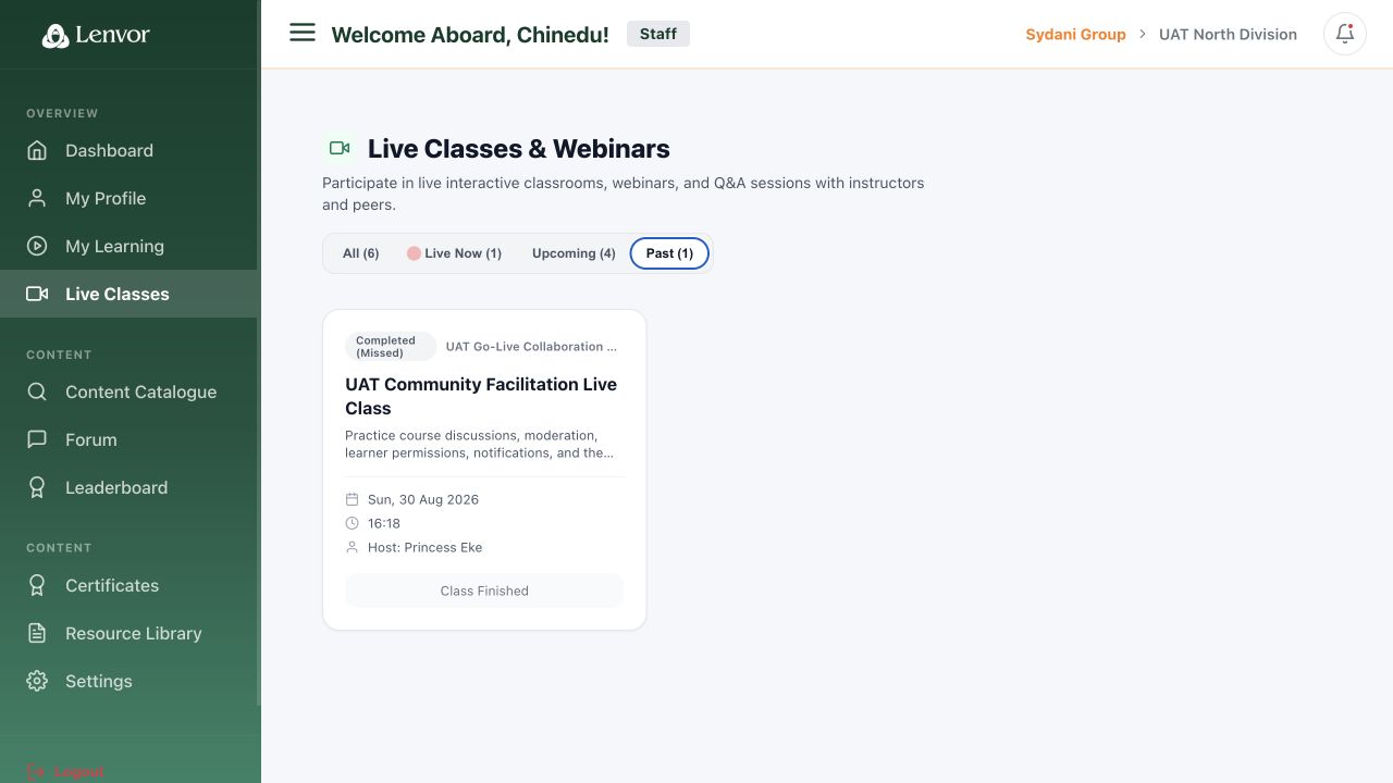 Staff web Live Classes page with session filters