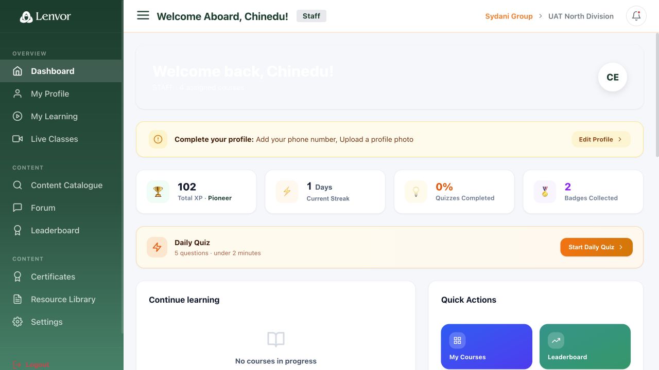 Staff web dashboard with learning activity and quick actions