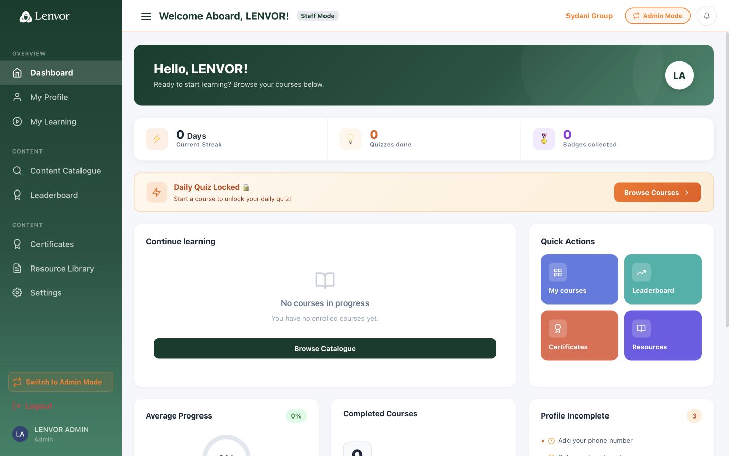 Lenvor Staff Mode dashboard and learner navigation