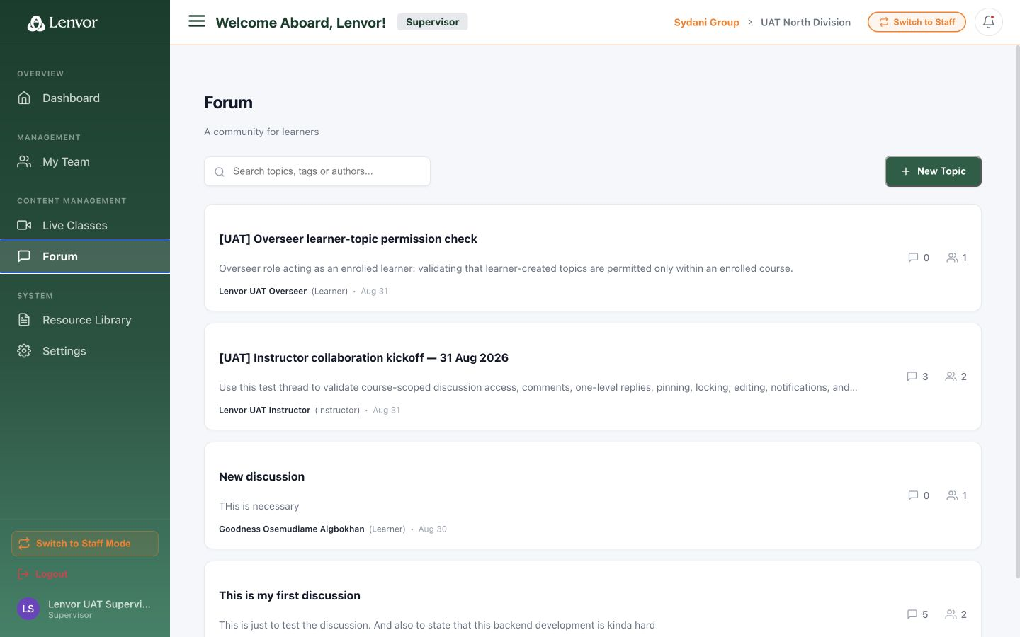 Supervisor forum with search and New Topic controls