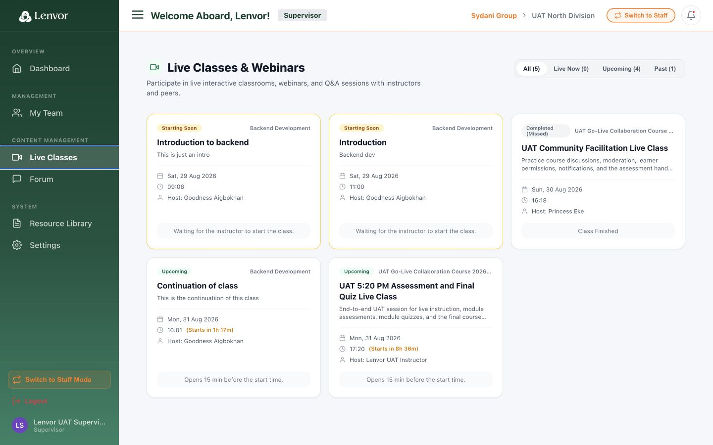 Supervisor live classes page